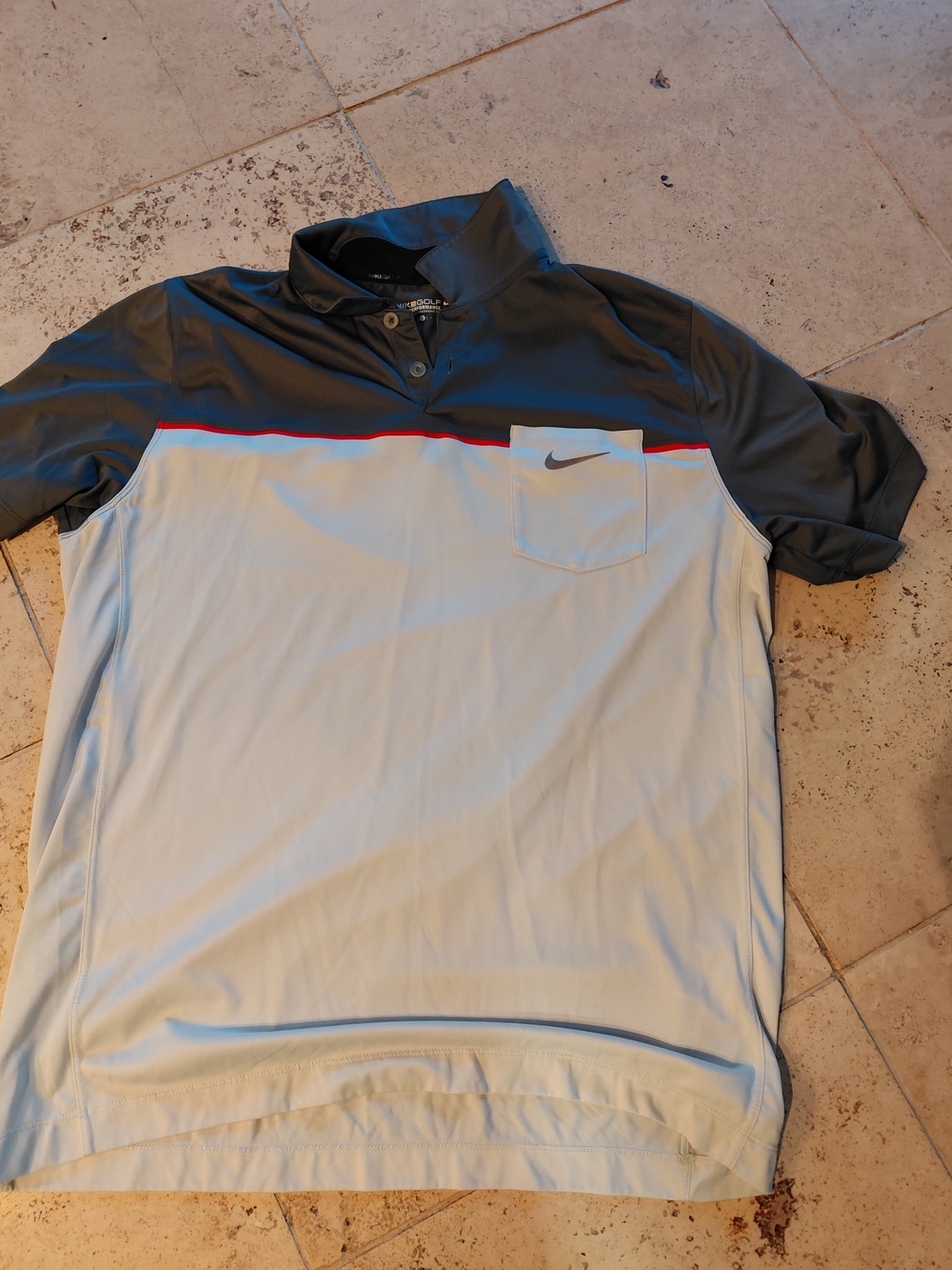 Nike Men’s Gray and Light Blue Polo with Red Chest Stripe